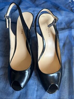 Ann Taylor Black Patent Peep-Toe Slingback Heels